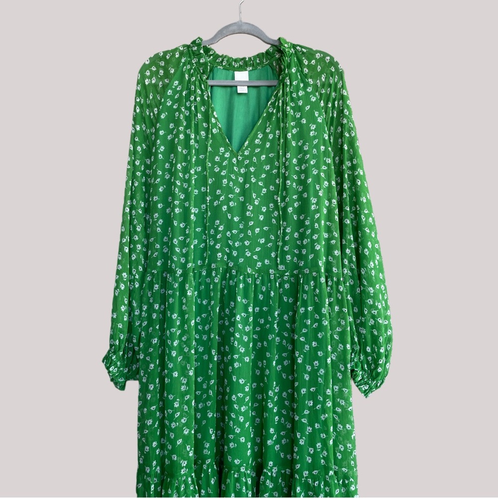 H&M Green & White Does Ditsy Floral Printed Long Sleeve Flowy Chiffon Maxi Dress - Picture 2 of 10